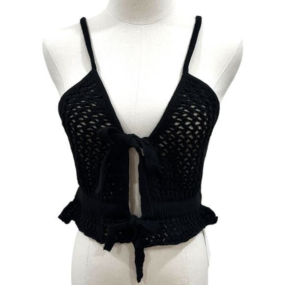 NWT For Love & Lemons Black Crochet Top with Ties - Picture 5 of 8